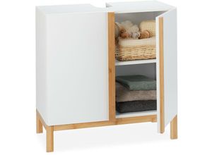 4052025250157 - Waschbeckenunterschrank 2 Fächer Badschrank mdf & Bambus Waschbeckenschrank hbt 605x60x305cm Weiß Natur - Relaxdays