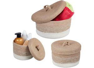 4052025481278 - Relaxdays - Aufbewahrungskorb 3er Set aus Jute Körbchen rund Bad Organizer 3 verschiedene Größen Regalkorb braun weiß