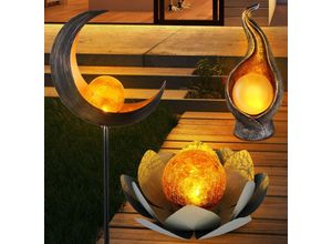 Image of 3er Set LED Solar Lampen Mond Steck Leuchte Crackle Glas Außen Flammen Leuchte Garten Lotosblume