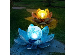 Image of Asia Garten Lotusblüte Deko Solar Lotusblüte für Außen Garten Deko Leuchten, Crackle Glas Metallblätter, 1x led, 2er Set