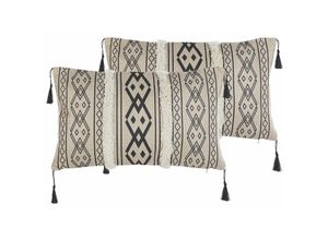 4251682271066 - Beliani - Dekokissen 2er Set Beige   Schwarz 50 x 30 cm Polyester mit Fransen Reißverschluss Zierkissen für Küche Esszimmer Wohnzimmer Salon Flur