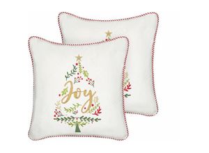 4255664846860 - Dekokissen 2er Set Weiß Samtbezug mit Füllung Schriftzug Quadratisch 45x45 cm Weihnachtsmotiv Tannenbaum Reißverschluss Wohnzimmer Schlafzimmer