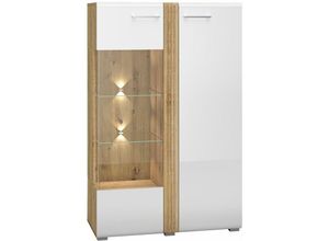 4066075095569 - Lomadox - Highboard Vitrine Eiche Castello Nb mit weiß Hochglanz AKRON-131 mdf Fronten mit filigraner Fräsung b h t ca 92 143 42 cm