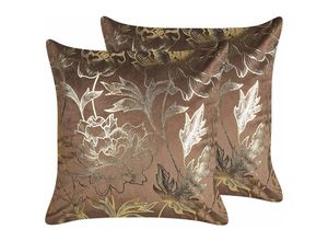 4251682285797 - Beliani - Dekokissen 2er Set Braun Samtstoffbezug mit Polyester-Füllung 45x45 cm Pflanzenmotiv Gold Blumenmuster Accessories Wohn- u Schlafzimmer