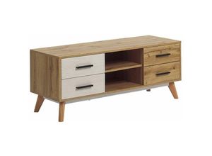 4251682229739 - Tv- Möbel Weiß Heller Holzfarbton MDF-Platte Beine aus Holz 4 Schubladen 2 Fächer Wohnzimmer - Heller Holzfarbton