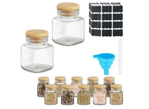 4052025474447 - Gewürzgläser 12er Set Gewürzdosen 100 ml mit Etiketten Stift & Trichter Glas & Bambus transparent natur - Relaxdays