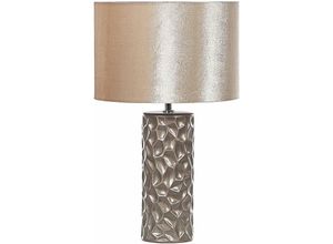 4251682279437 - Tischlampe Gold Keramik 50 cm geometrisches Muster Stoffschirm Trommelform Samt langes Kabel mit Schalter handgefertigt Schlaf- u Wohnzimmer - Beige