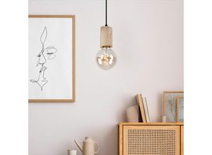 Image of Hängelampe Pendelleuchte Deckenleuchte Wohnzimmerleuchte Esszimmerlampe, Metall Holz schwarz naturfarben, höhenverstellbar, E27, d 12 cm