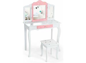 0661706152464 - Kinder Schminktisch mit Hocker Prinzessin Frisiertisch mit Schublade & 3-Fach klappbarer Spiegel Frisierkommode rosa weiss Schminkkommode für