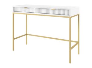 5905386076302 - Selsey - vellore - Schminktisch Schreibtisch mit Schubladen Weiß mit geriffelten Fronten und goldenen Metallbeinen 104 cm breit