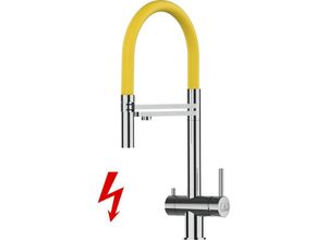 8055765127259 - NIEDERDRUCK 3 Wege Edelstahl Massiv Küchenarmatur Spültischmischer mit 360° schwenkbarem Gelb Auslauf und 2 strahl Handbrause - Hochglanz