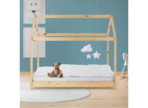 Image of Kinderbett mit Dach und Lattenroste, 70x140 cm, Natur, aus Kiefernholz - Ml-design
