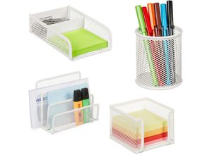 4052025445782 - Relaxdays - Schreibtisch Organizer Set 4-tlg Metall Dokumentenhalter Zettelbox Büroklammer- & Stiftehalter weiß