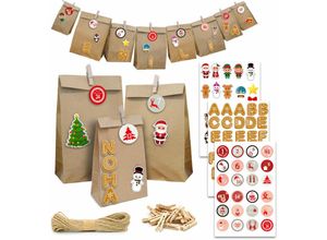 4057216047363 - Diy Adventskalender zum Befüllen - 24 Papiertüten in 3 Größen Sticker Bastelset - braun