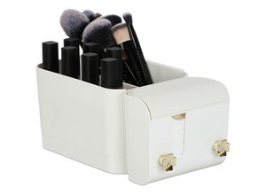 4052025479312 - Kosmetik Organizer 4 Fächer & 2 Haken Wattestäbchenbehälter im Bad Klebe-Wandmontage Kunststoff weiß gold - Relaxdays