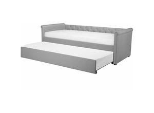 4251682231091 - Beliani - Tagesbett Ausziehbett Hellgrau 90 x 200 cm Ausziehbar Polsterbezug Leinenoptik Mit Lattenrost Knopfverzierung Praktisch Modern - Grau