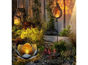 4059157313750 - Etc-shop - Solarleuchte Lotusblume Solarlampe orientalisch Flamme Garten Deko Leuchte Blume Crackle Glaskugel Lichteffekt led warmweiß 2er Set