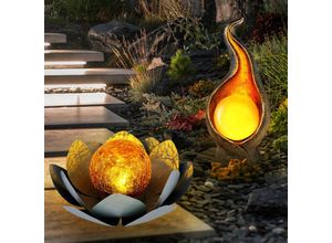 9007371472338 - - Solarlampe led Gartendeko Lotusblume Asia Terrassenlampe Flammen Design Gartenlampe Leuchtdauer ca 6 Stunden 2er Set