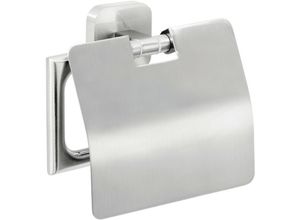 4042448455239 - tesa ESTEETIC Toilettenpapierhalter mit Deckel verchromt - zur Wandbefestigung ohne Bohren inkl Klebelösung - 47 mm x 141 mm x 131 mm - silber matt