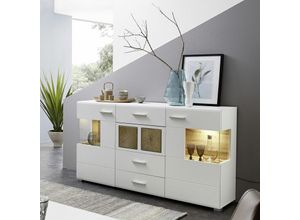 4251581512758 - Sideboard weiß Eiche Applikationen FARO-36 mit LED Beleuchtung und Glaseinsätzen B H T ca 170 94 42 cm - weiß