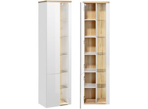 4251581551276 - Badezimmer Hochschrank mit LED-Beleuchtung BERMUDA-56 in weiß Hochglanz mit Wotaneiche B H T 45 170 33cm - weiß