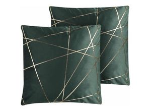 4251682267786 - Dekokissen 2er Set Grün Polyester-Füllung Abnehmbarer Bezug Samtstoff 45x45 cm Geometrisches Muster in Gold Accessories Wohn- u Schlafzimmer