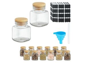 4052025474454 - Gewürzgläser 14er Set Gewürzdosen 100 ml mit Etiketten Stift & Trichter Glas & Bambus transparent natur - Relaxdays