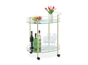 4052025387099 - Servierwagen 2 Ebenen verspiegelter Luxus Barwagen HxBxT 79x68x45 cm drehbare Rollen Glas & Metall gold - Relaxdays