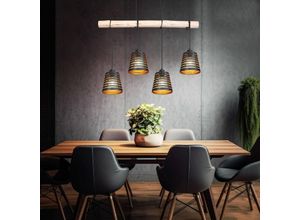 9007371494439 - - Pendelleuchte Holzbalken Hängelampe Retro Esszimmerlampe hängend mit vier Metallschirmen schwarz gold 4x E27 LxBxH 85x17x120 cm Wohnzimmer