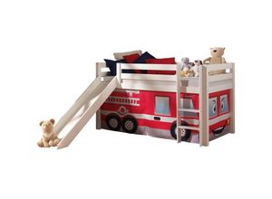 5420070212908 - Hochbett Spielbett Kinderzimmer PINOO-12 Textilset Feuerwehr in Kiefer massiv weiß lackiert incl Rutsche b h t ca 210 114 218 cm - weiß