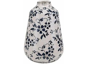 4251682267540 - Beliani - Blumenvase Weiß Steinzeug Handgefertigt 20 cm mit Blauem Blumenmotiv Wasserdicht Deko Accessoires Wohnzimmer Schlafzimmer Flur Kamin