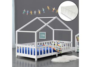 4059438599095 - [encasa] - Kinderbett Treviolo 90x200 cm mit Kaltschaummatratze und Gitter Weiß Weiß