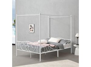 4059438576997 - [encasa] - Himmelbett Finström 140x200cm Metall Bettrahmen mit Lattenrost Weiß encasa - Weiß