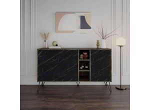 0645656392538 - Toscohome - Sideboard 142 cm mit 3 schwarzen Türen in Marmoroptik und dunkler Kaffeestruktur - Clara Bendir