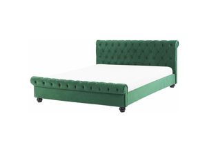 4260624114743 - Beliani - Bett Polsterbett Grün 160 x 200 cm Samtstoff Doppelbett Stilvolle Versteppung Hohe Kopfteil Geschwungene Formgebung Klassisch Chesterfield