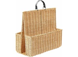 4255664852229 - Zeitungsständer Naturfarben Rattan mit Griff Schmal Schlicht Geflochten 2 Fächer Boho Wohnzimmer Zeitschriftensammler Zeitungshalter Stehend