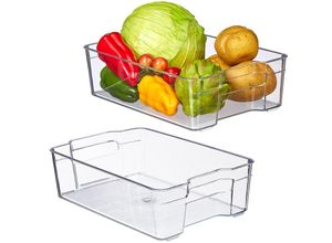 Image of 2 x Kühlschrank Organizer, Lebensmittel Aufbewahrung, HxBxT: 9 x 21,5 x 32 cm, Kühlschrankbox m. Griffen, transparent