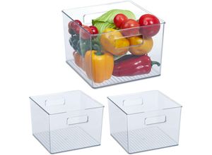 Image of 3 x Kühlschrank Organizer, Aufbewahrung von Lebensmitteln, HxBxT: 15,5 x 21 x 21 cm, Küchenbox mit Griffen, transparent