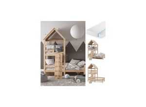 4251421961524 - Kinderbett Teddy 90x200cm mit Matratze Spielbett Jugendbett Spielturm Natur