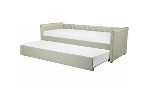 4260624114057 - Beliani - Tagesbett Ausziehbett Beige 90 x 200 cm Ausziehbar Polsterbezug Leinenoptik Mit Lattenrost Knopfverzierung Praktisch Modern