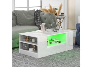 4260647135978 - Couchtisch hochglanz Sofatisch mit LED-Beleuchtung Wohnzimmertisch mit 4 Ablage und 3 Schubladen Beistelltisch mit FernbedienungWeiß - Merax