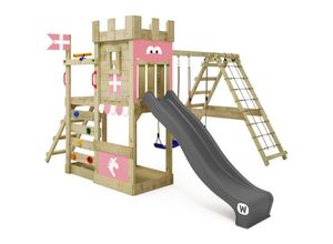 4255689928602 - Wickey Spielturm Ritterburg DragonFlyer mit Schaukel & Rutsche Spielhaus mit Sandkasten Kletterleiter & Spiel-Zubehör - anthrazit