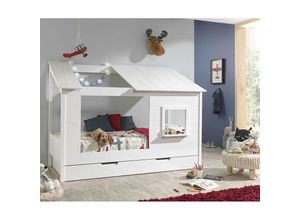 4251581559654 - Lomadox - Baumhaus Kinderbett ALEXANDRIA-12 Liegefläche 90 x 200 cm und Bettschublade Dach offen weiß lackiert - b h t 214 1585 105cm