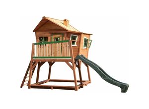 Image of Spielhaus Max mit Sandkasten & grüner Rutsche Stelzenhaus in Braun & Grün aus fsc Holz für Kinder Spielturm mit Wellenrutsche für den Garten - Braun
