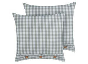 4255664858856 - Beliani - Dekokissen 2er Set Mintgrün   Weiß Karomuster 45 x 45 cm Quadratisch mit Knöpfen für Wohnzimmer Schlafzimmer Sofa Sessel Bett