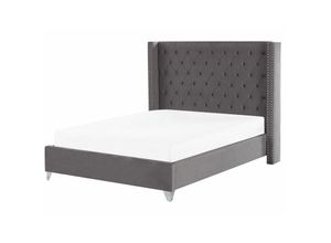 4251682208888 - Bett Grau Samt mit Lattenrost 160 x 200 cm Hohes Gestepptes Kopfteil Knopfheftung Nieten Chesterfield Stil Retro Doppelbett Schlafzimmer