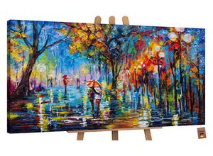 Image of YS-Art Gemälde Herbstliche Allee, Menschen, Paar Regenschirm Leinwand Bild Handg...