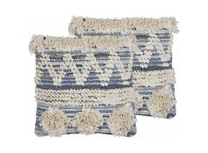 4251682272872 - Dekokissen 2er Set Beige und Blau 45 x 45 cm Baumwolle Quadratisch mit Reißverschluss Geometrisches Muster Strukturiert Handgewebt Zierkissen Boho