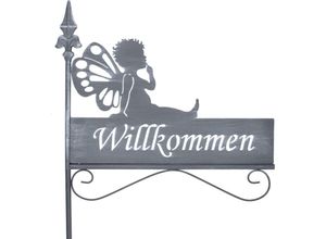 4069055001130 - Spetebo - Gartenstecker mit Schriftzug 128 x 42 cm - willkommen - Deko Beetstecker aus Metall in grau - Frühling Sommer Blumenbeet Metallstecker mit