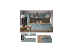 4066731345809 - Küchenzeile R-Line Solid Eiche Blau Grau 350 cm modern Küchenschränke Küchenmöbel